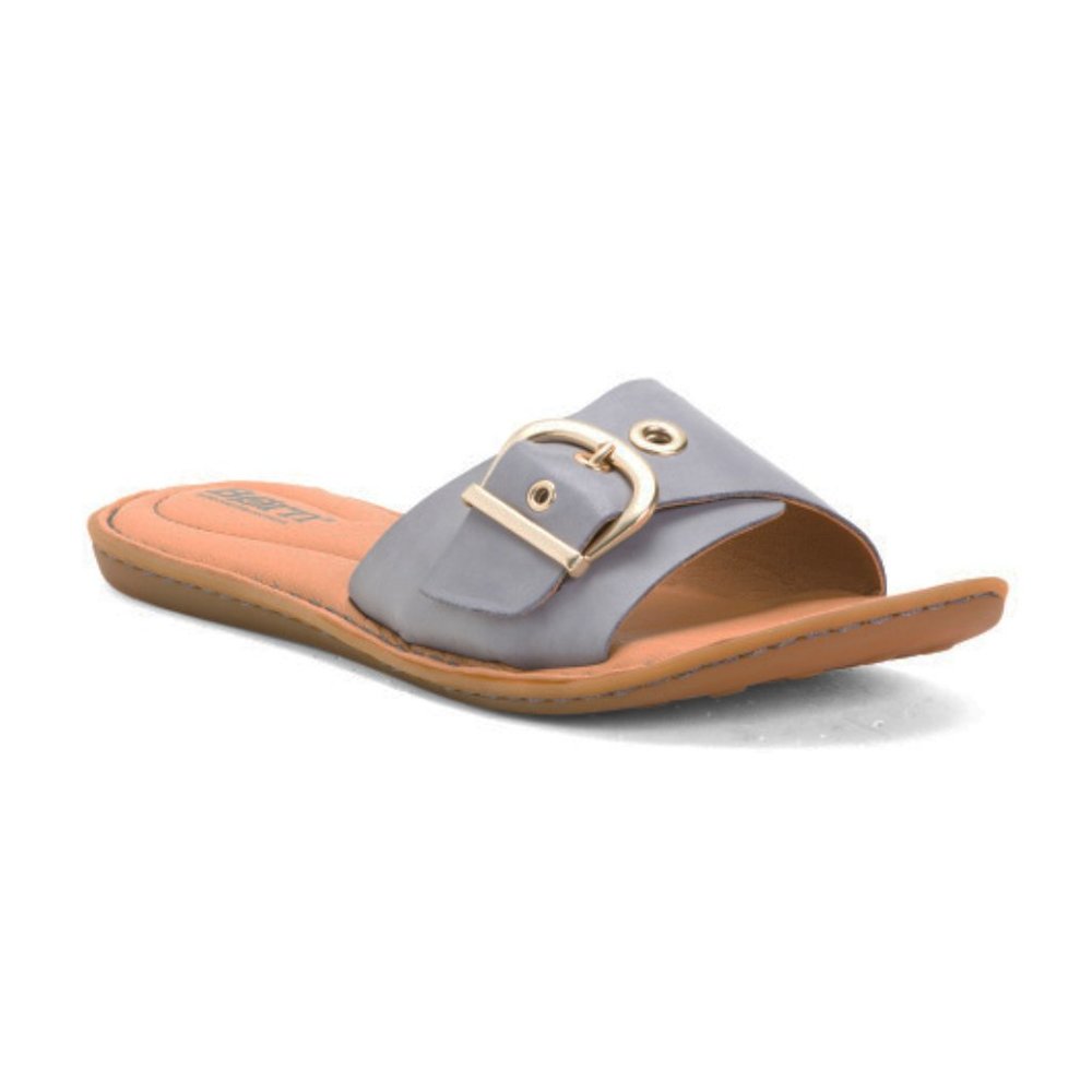 NEW Born Women Haiki Slate Blue Leather Gold Buckle Adjustable Sandal Slides
